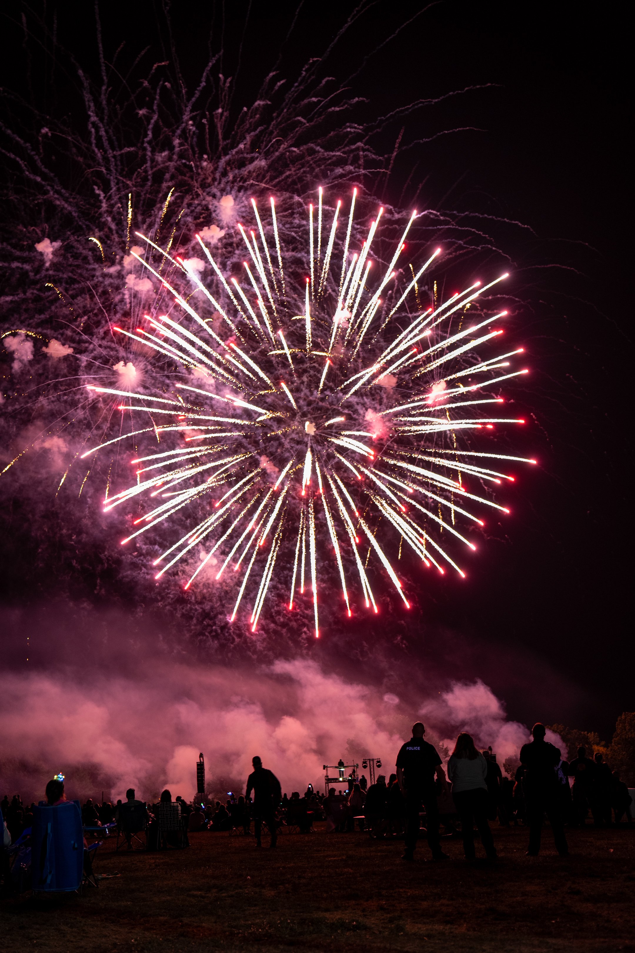 Guests watching a large fireworks burst light up the night sky at Sparks of Giving