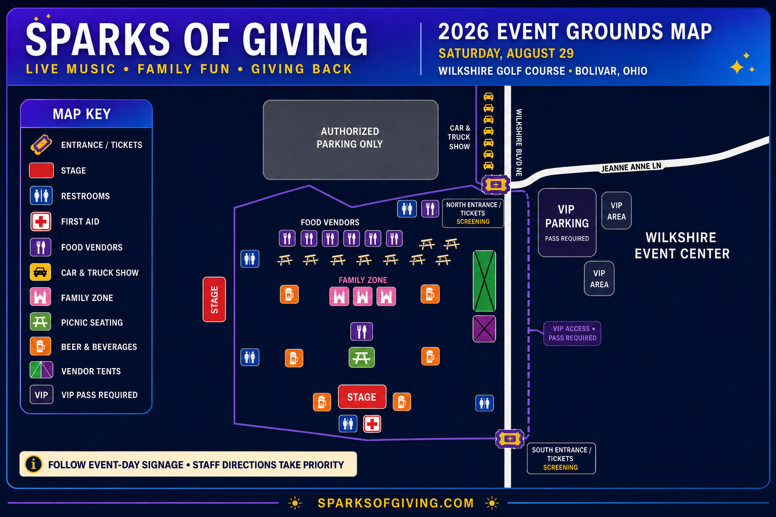 Official Sparks of Giving 2026 event grounds map showing stages, restrooms, First Aid, food vendors, family activities, seating, beverage stands and VIP areas.