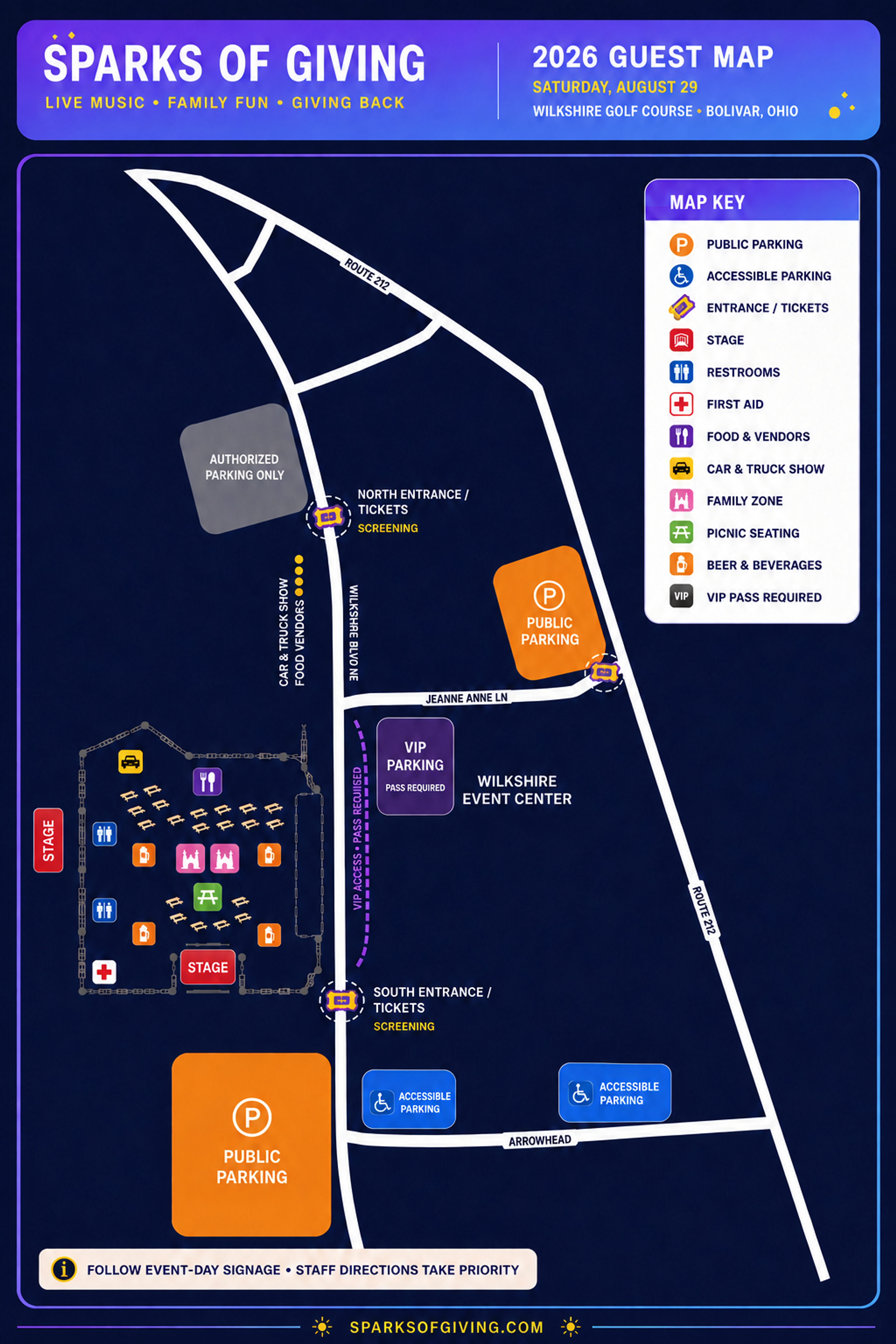 Official Sparks of Giving 2026 parking and arrival map showing public parking, accessible parking, VIP parking and event entrances.